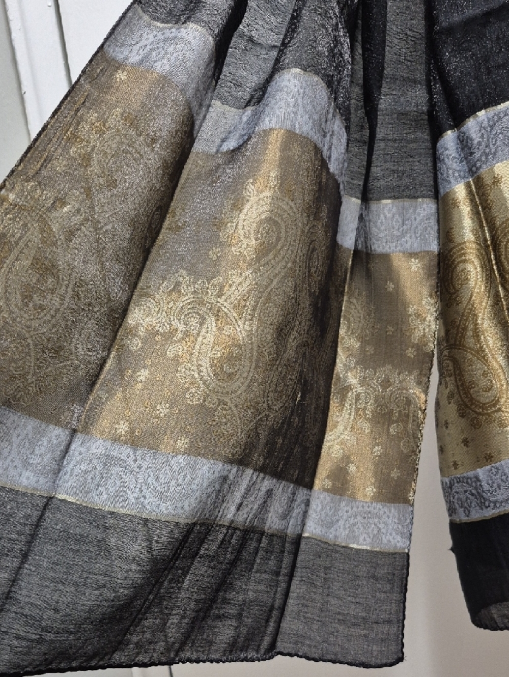 Silk Black and Gold Paisley Border Scarf